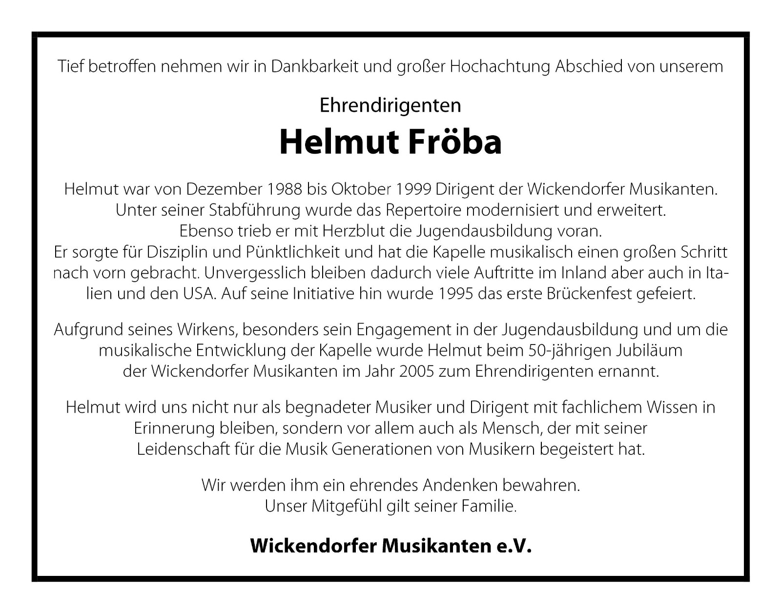 Nachruf Helmut Fröba